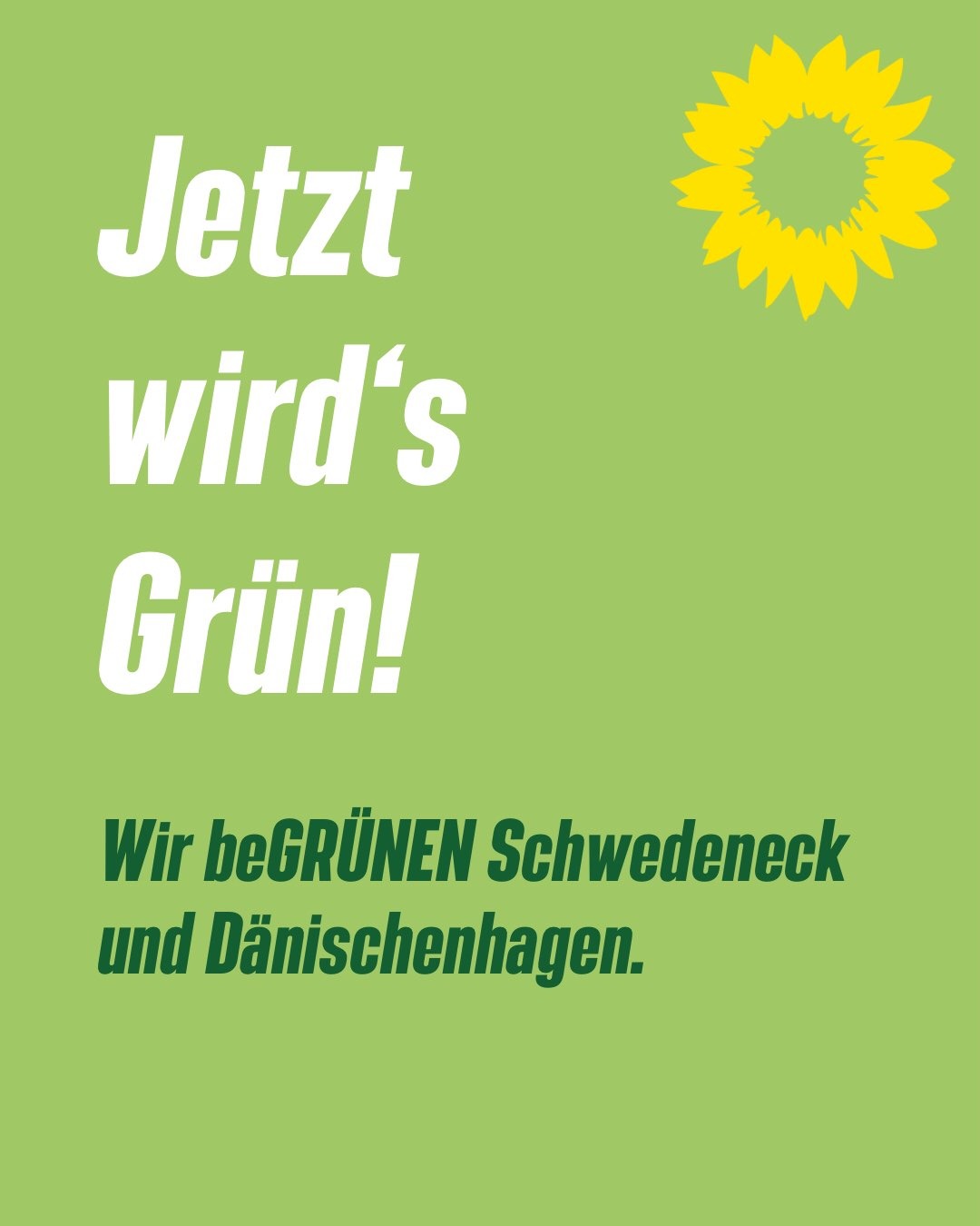 Beitragsbild mit dem Text "Jetzt wird's Grün! Wie beGRÜNEN Schwedeneck und Dänischenhagen" und einer Sonnenbliume
